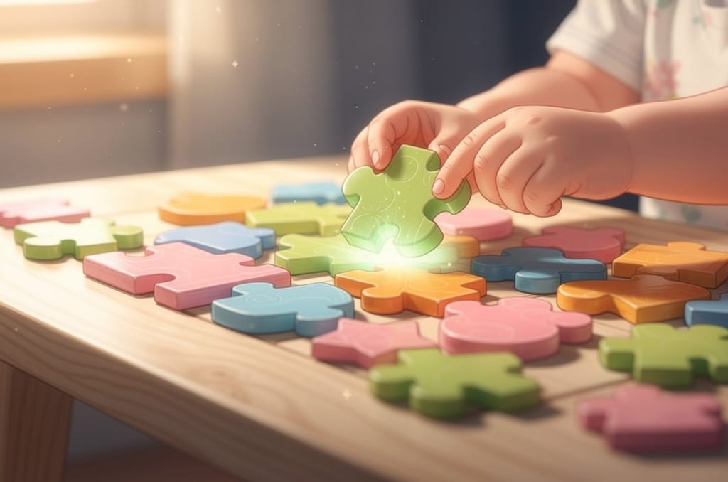 Close-up of a young child's hands fitting a chunky green jigsaw piece among colorful pieces on a wooden table