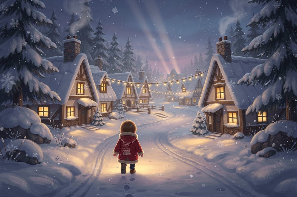 A snowy storybook Christmas village at dusk with a child in a red coat seen from behind walking toward cottages with glowing golden windows and a string of warm lights
