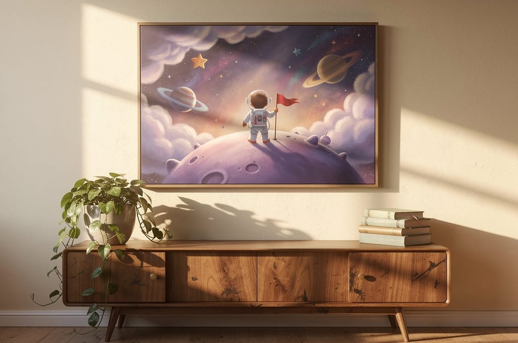 A framed gallery canvas of a whimsical storybook space world with a small astronaut seen from behind, hanging on a warm sunlit wall above a wooden sideboard with a plant and books, a personalized keepsake gift for an aunt