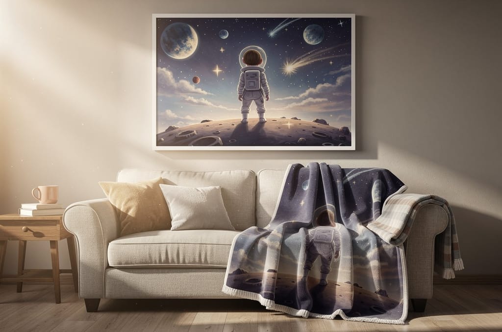 A cozy living room with a framed canvas of a storybook space scene on the wall above a couch and a matching fleece blanket printed with the same scene draped over the arm