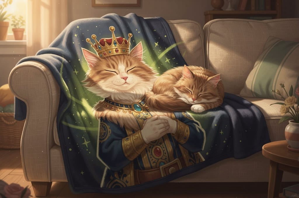 A soft fleece blanket printed with a whimsical royal-cat portrait draped over a couch, a content cat curled up on it in warm daylight