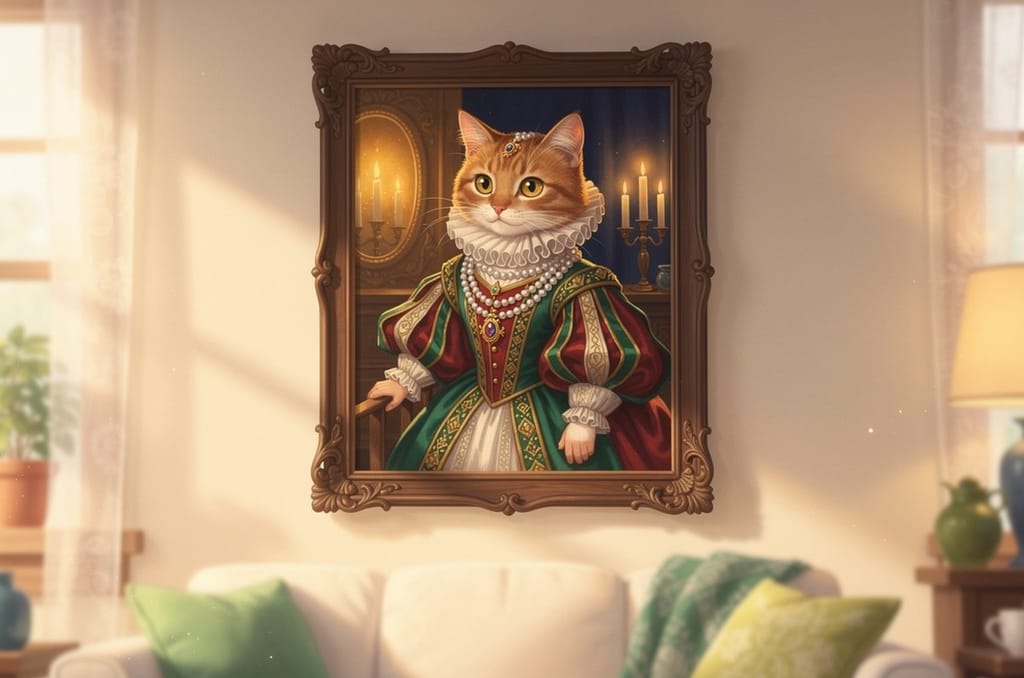 A framed jewel-toned portrait of a cat as a Renaissance duchess in pearls and a lace ruff, hanging on a bright living-room wall