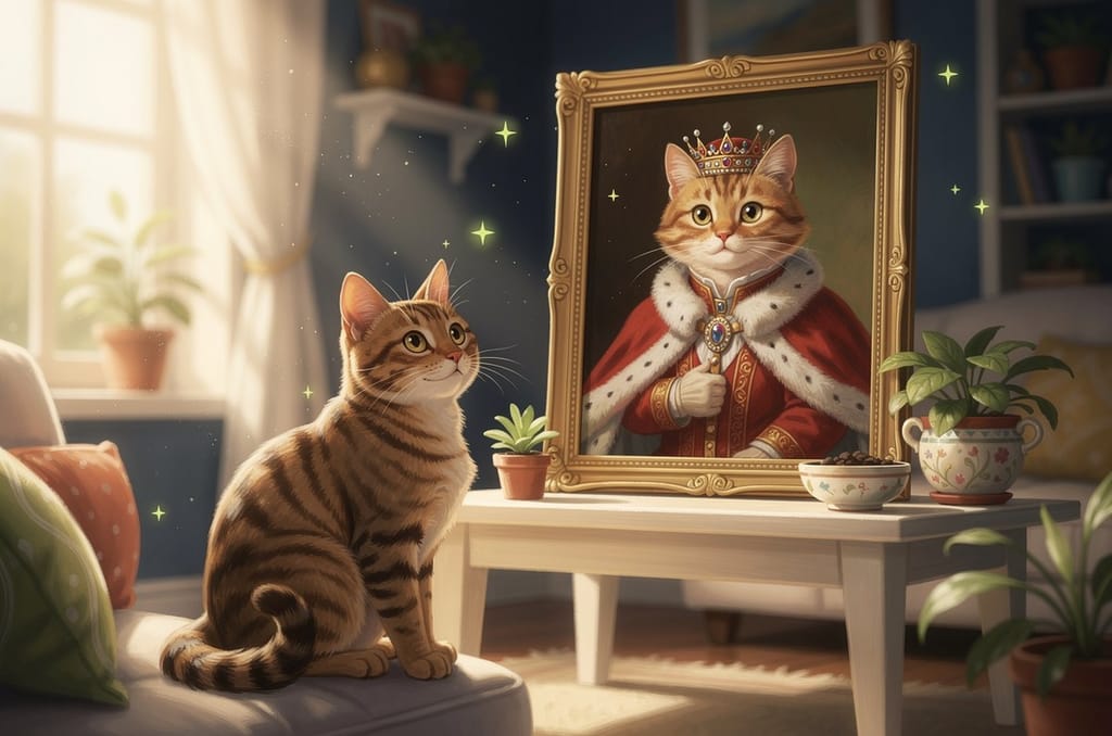 A framed old-master style portrait of a cat wearing a jeweled crown and royal robe on a bright console table, with a real cat sitting proudly beside it in a sunlit living room