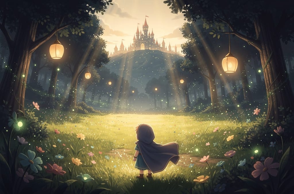 An illustrated storybook scene of a child as the hero of a magical world, a personalized keepsake gift for grandchildren that bridges the distance