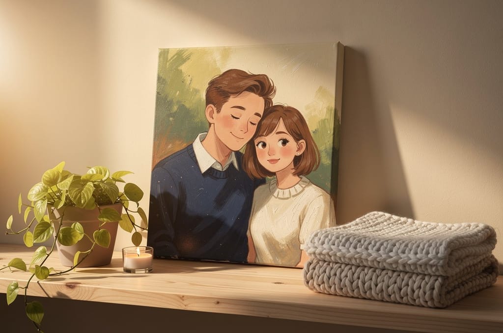 A couple repainted as a single soft hand-craft style portrait, printed as a gallery-wrapped canvas leaning on a shelf in a warm-lit room, a personalized couple keepsake from The Curious Thing
