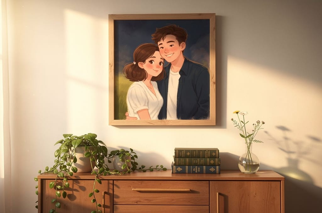 A framed couple portrait in a soft painted art style hanging on a warm sunlit living-room wall above a wooden sideboard with a plant and a stack of books, a personalized keepsake gift for a couple
