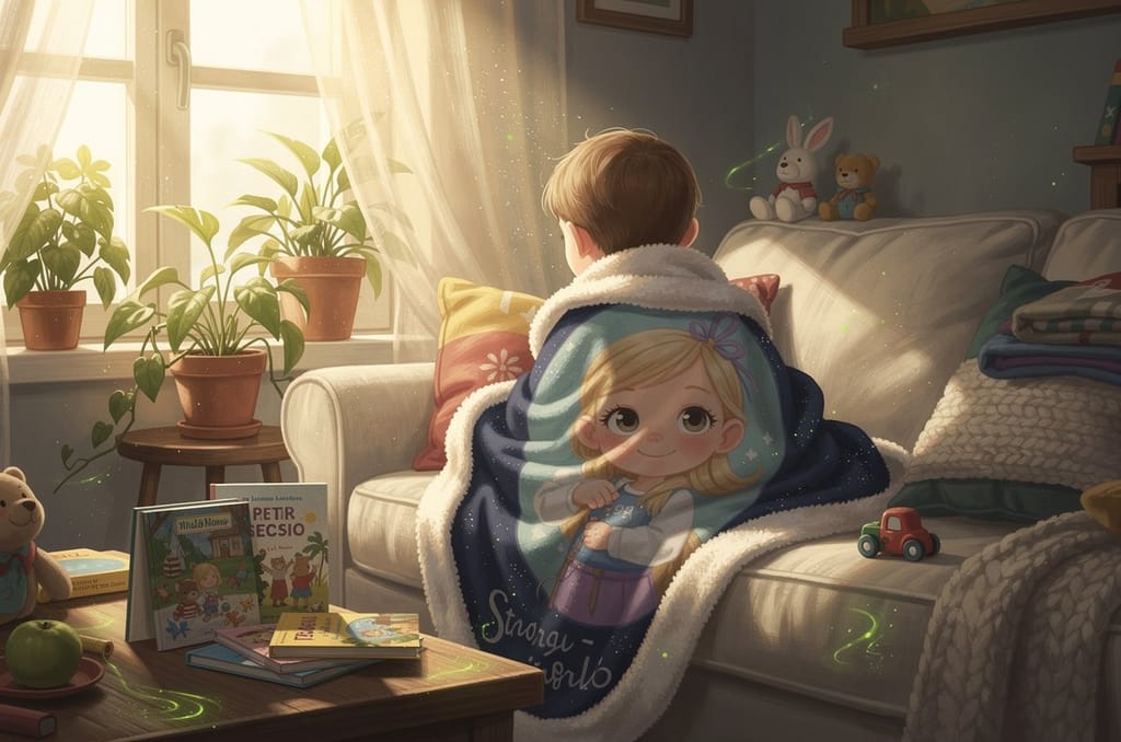 A laughing child wrapped in a cozy fleece blanket printed with their own storybook-hero portrait, curled up on a sunlit couch, a personalized photo blanket keepsake