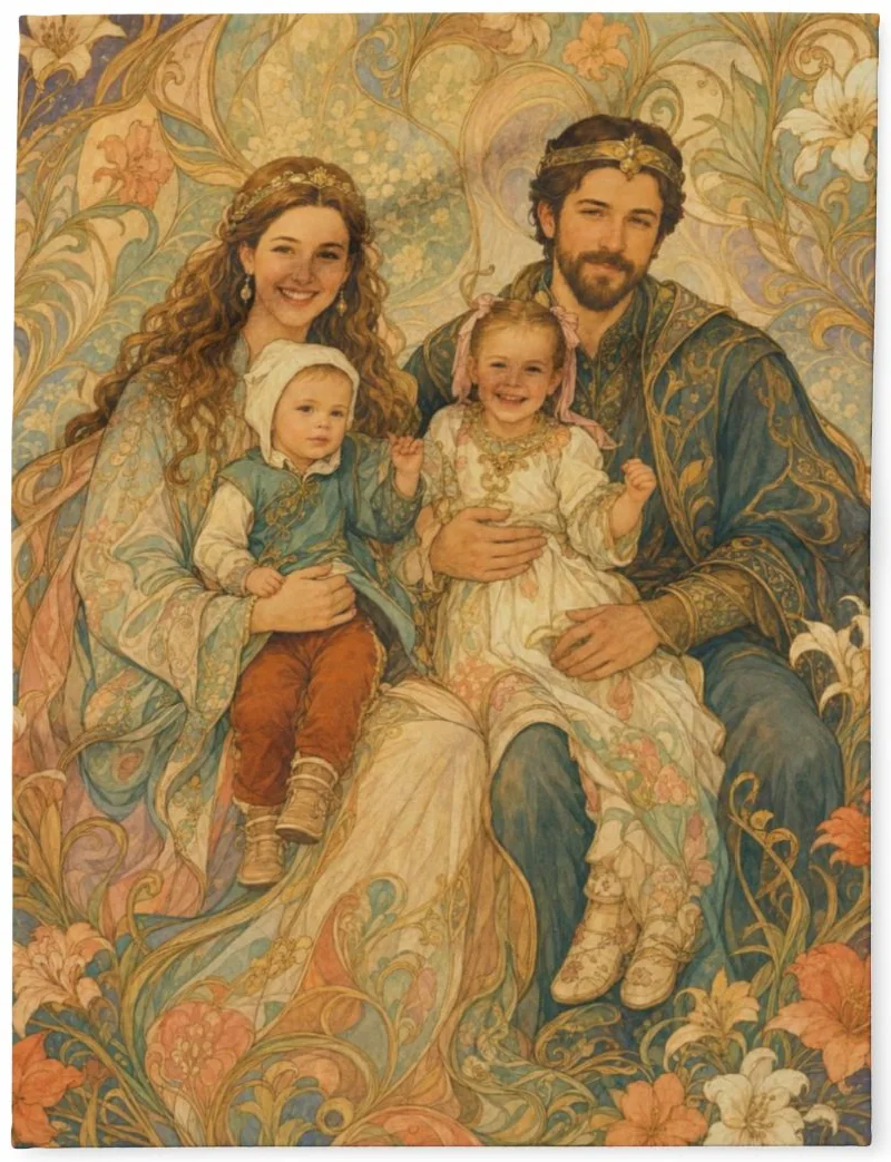 Family in the Enchanted Court family portrait printed on a soft fleece blanket