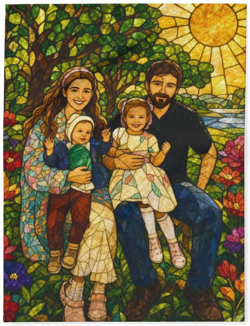 Stained Glass family portrait printed on a soft fleece blanket