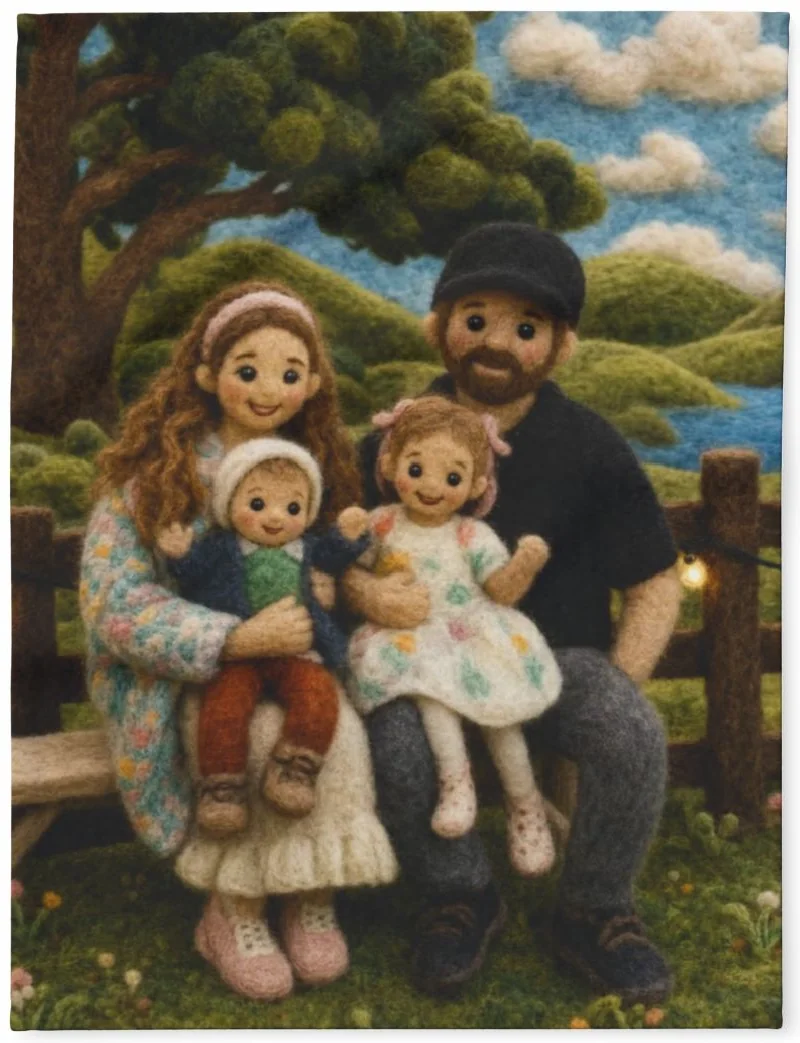 Cozy Wool family portrait printed on a soft fleece blanket