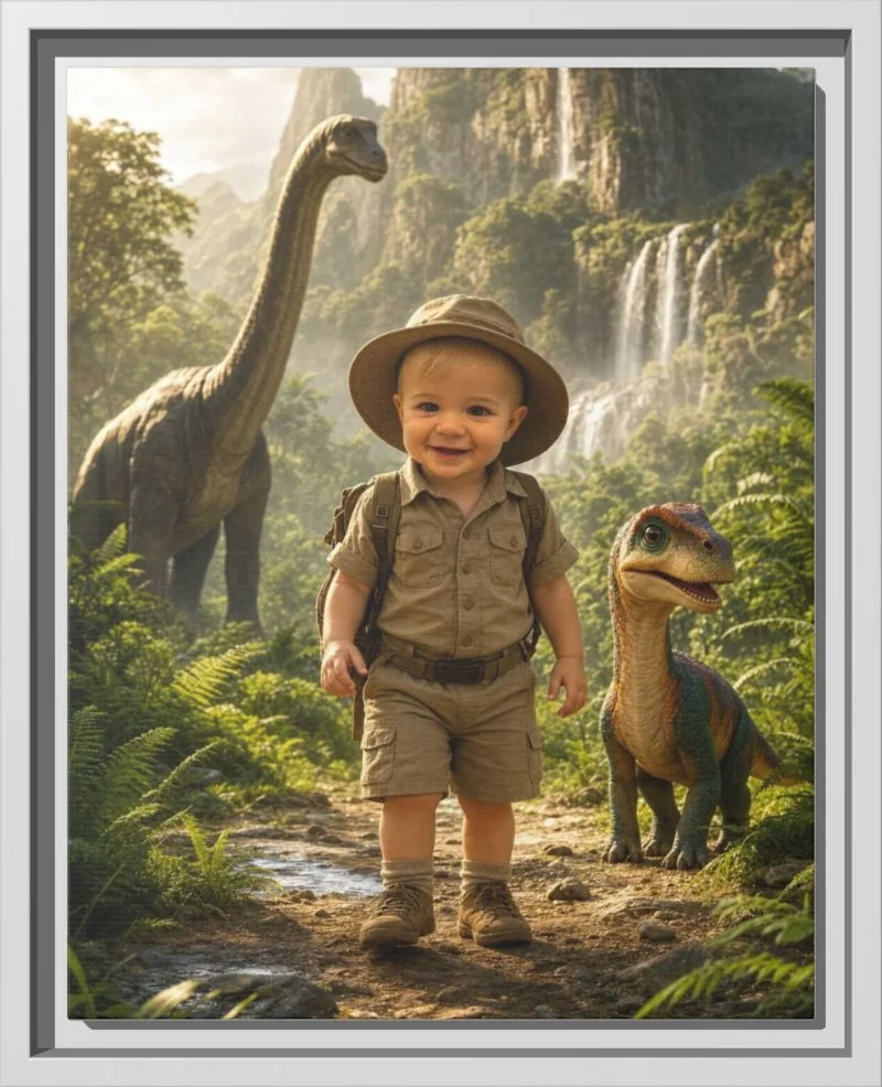 A child reimagined as a dinosaur explorer, printed as a framed canvas in a white frame