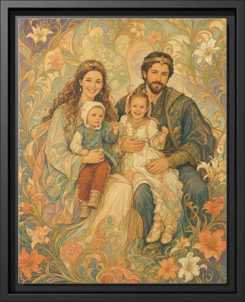 Family in the Enchanted Court family portrait printed as a framed canvas in a black floating frame