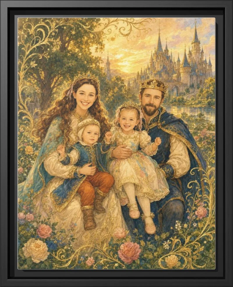A family reimagined as storybook royalty, printed as a framed canvas in a black floating frame