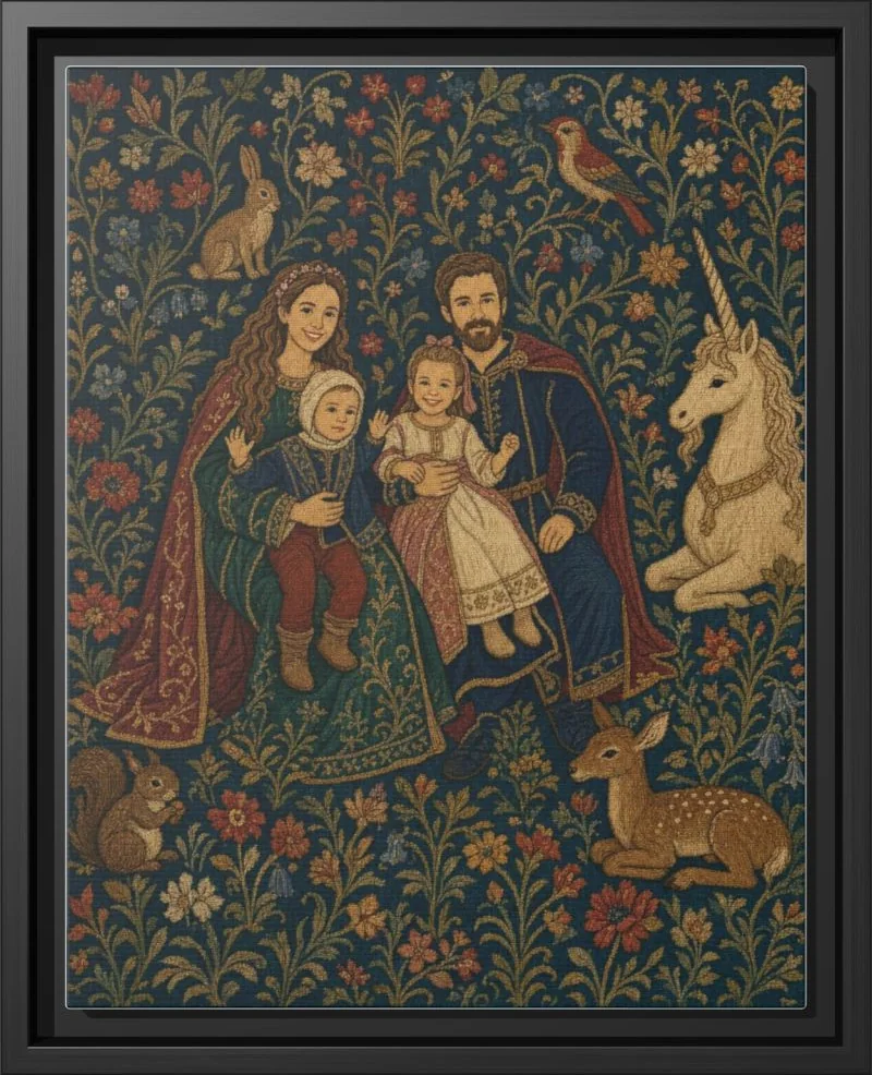 Woven Family Saga family portrait printed as a framed canvas in a black floating frame