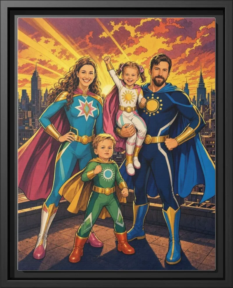 Family of Heroes family portrait printed as a framed canvas in a black floating frame