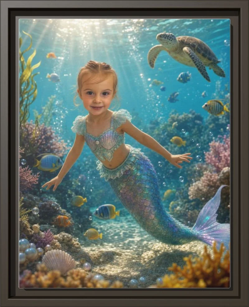 A child reimagined as a mermaid in an underwater lagoon, printed as a framed canvas in an espresso wood frame