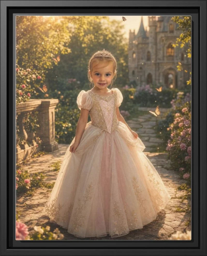 A child painted as a princess in a fairytale kingdom, printed as a framed canvas in a black floating frame
