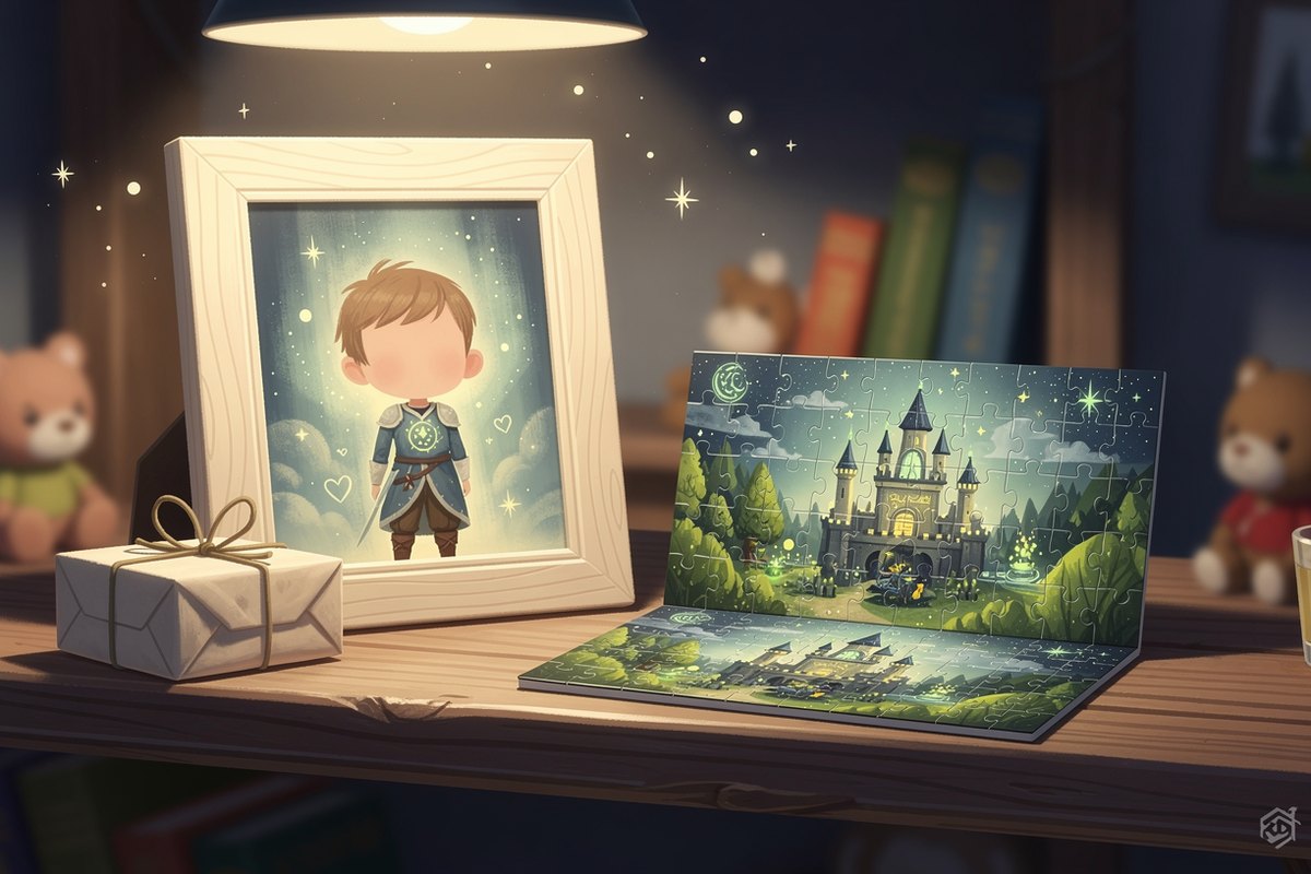 A cozy home shelf in warm lamplight with a framed child's portrait, a finished jigsaw puzzle, and a wrapped parcel from a US print partner