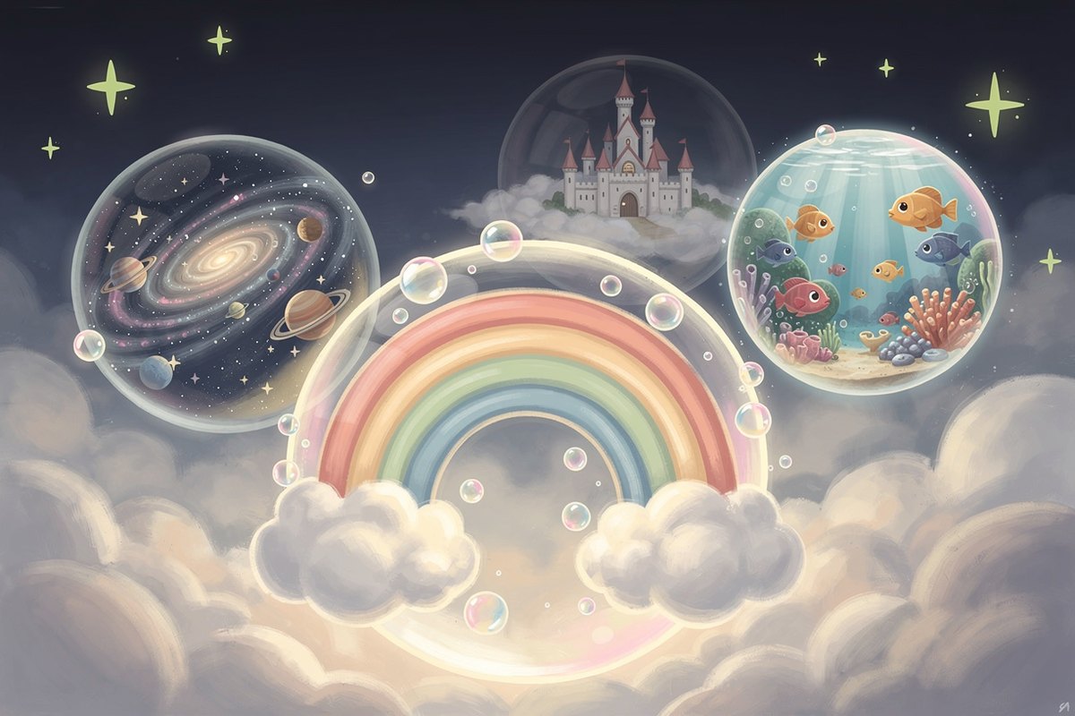 Several glowing floating storybook worlds for a nursery keepsake, a soft pastel rainbow dreamland, a galaxy, a castle, and a coral reef, drifting among dreamy clouds.