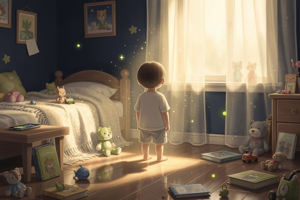 A child in soft silhouette from behind facing a bright window, lit by even indirect daylight with no harsh shadows, in a warm storybook-style room.