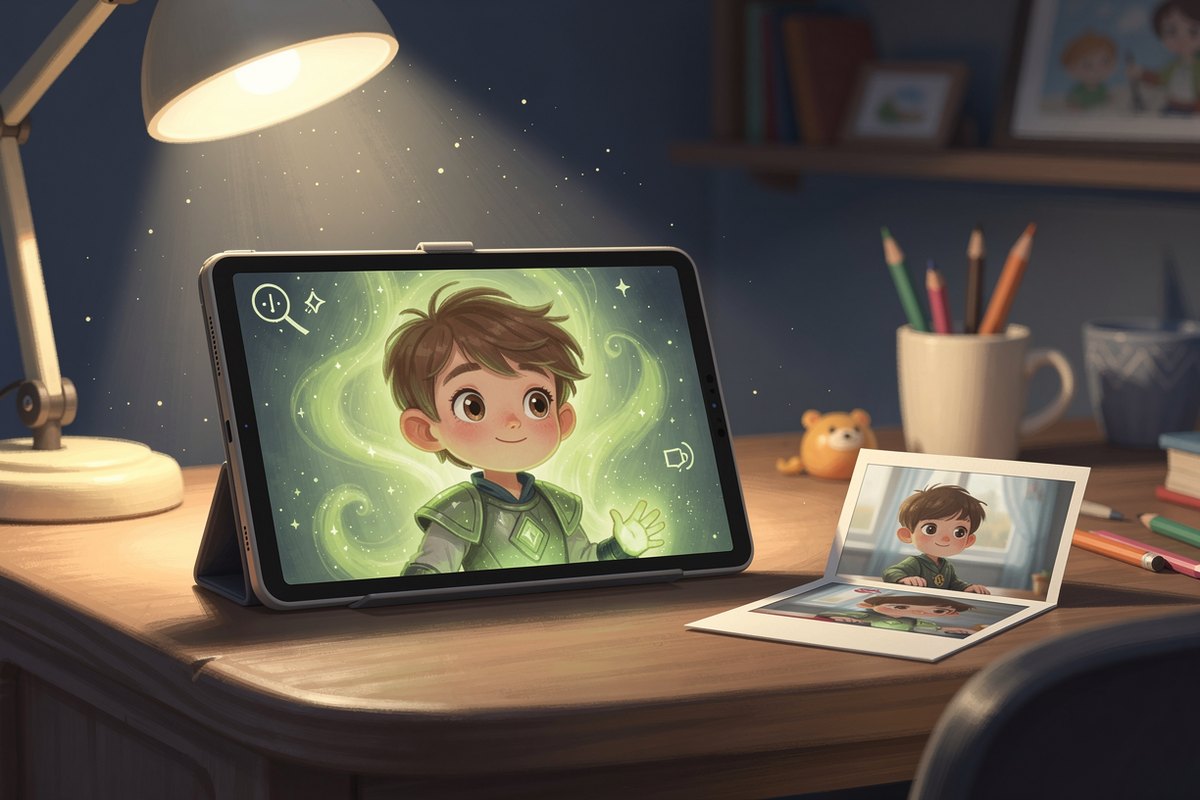 A tablet showing a watermarked fantasy hero portrait of a child beside the uploaded snapshot, on a warm desk, illustrating the proof-approval step at The Curious Thing.