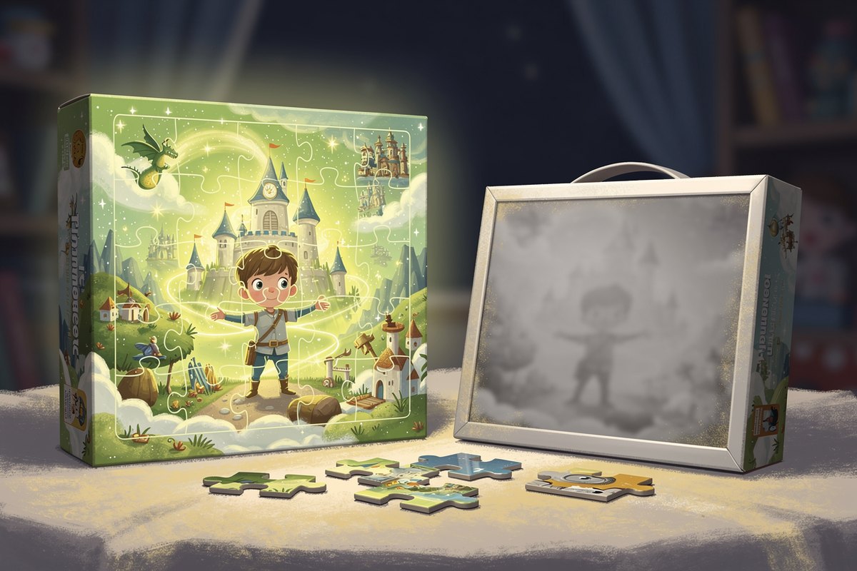 A vivid personalized hero puzzle glowing with the grandchild as the star of a castle world, next to a plain, forgettable generic boxed toy.