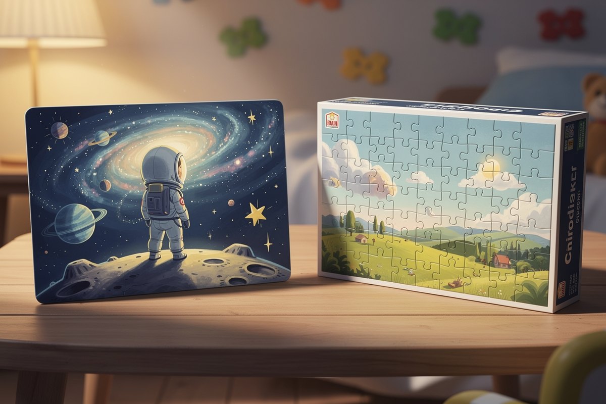 A glowing personalized hero jigsaw puzzle of a child astronaut beside a plain generic boxed stock puzzle on a cozy table, The Curious Thing