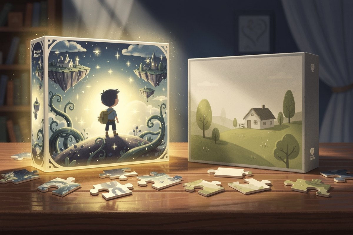 A vivid personalized fantasy hero puzzle glowing beside a dull generic boxed stock puzzle, showing the real difference between custom and stock kids puzzles