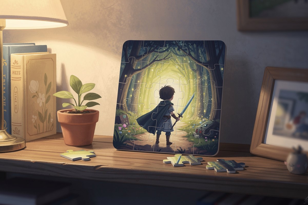 A finished personalized child hero jigsaw puzzle framed and kept on a cozy home shelf with completed pieces nearby, a saved keepsake