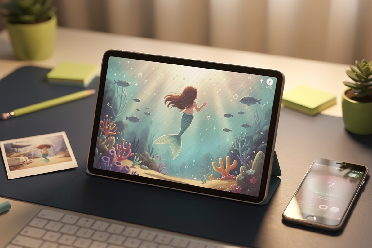 A tablet on a desk showing a watermarked proof of a child's mermaid hero portrait beside an uploaded snapshot, showing why approving a proof before printing matters.