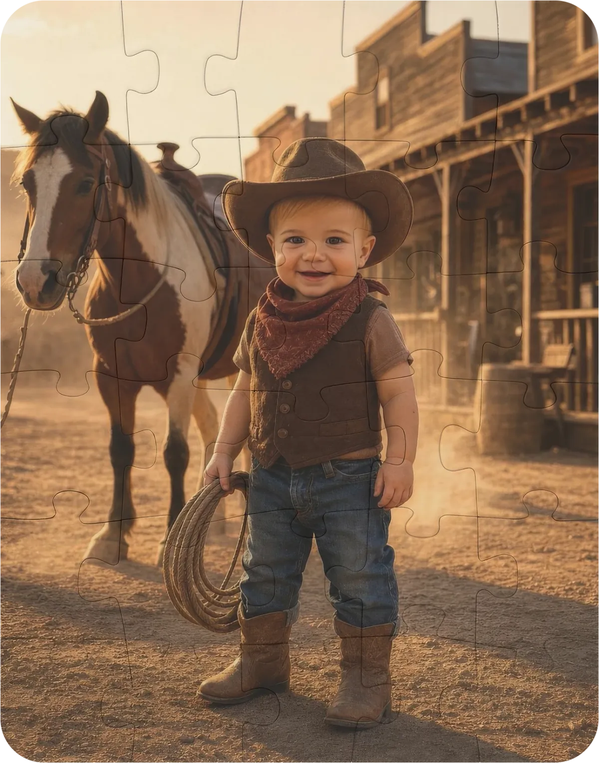 A child reimagined as a cowboy in a Wild West town, shown as a finished 30-piece Wild West Cowboy kids jigsaw puzzle