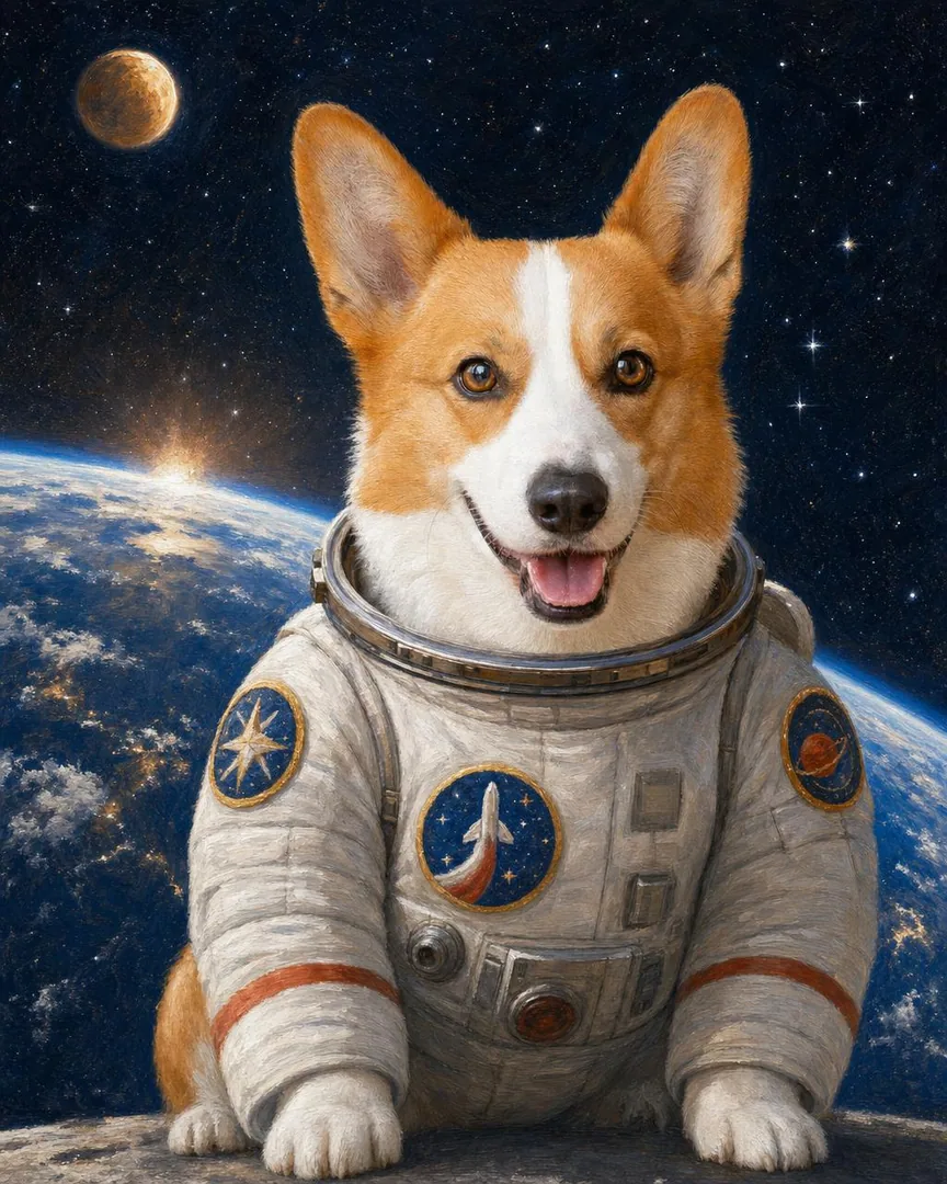 Custom astronaut pet portrait of a pet in a spacesuit against a starry space background