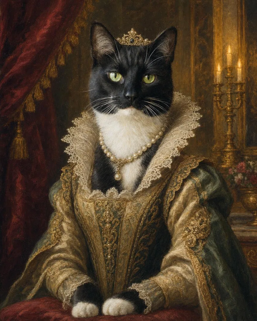 Custom Renaissance cat portrait of a pet in a lavish gown with pearls and a lace ruff