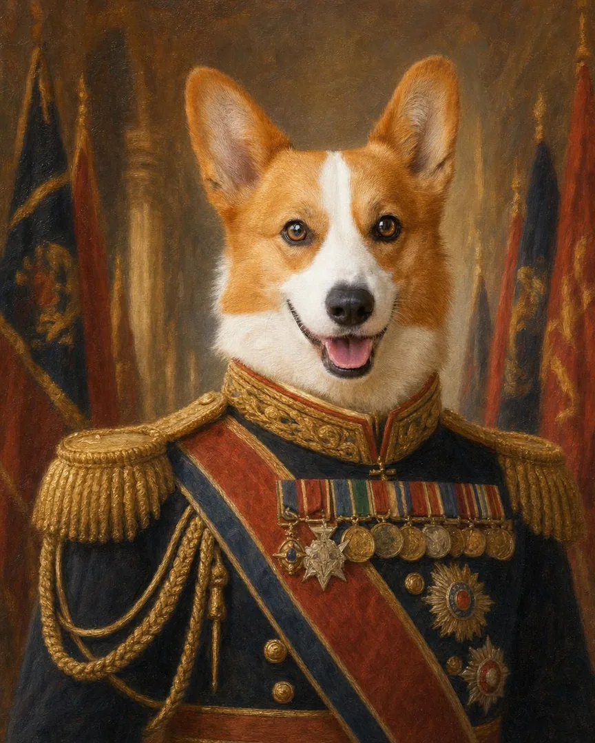 Custom military dog portrait of a dog as a decorated general in dress uniform with medals