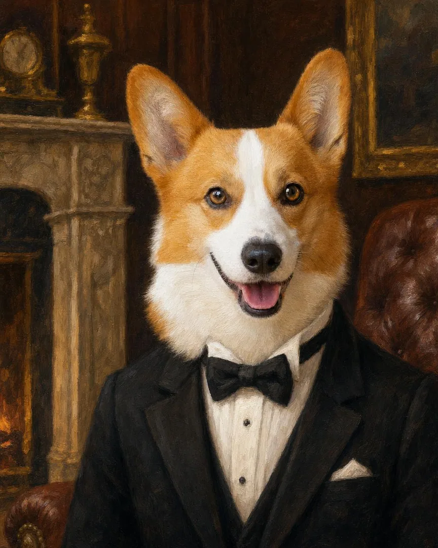 Custom gentleman dog portrait of a dog in a tailored tuxedo in a wood-paneled study