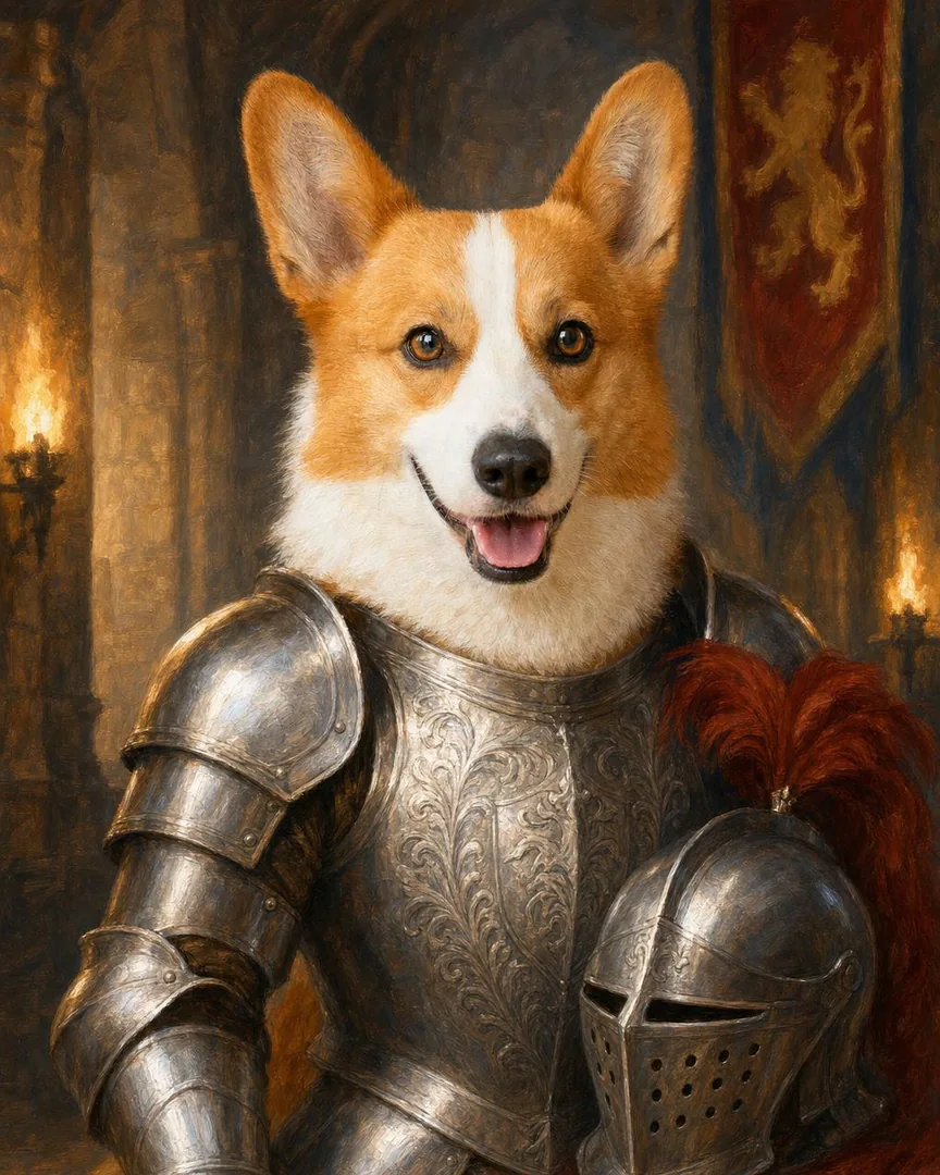 Custom knight pet portrait of a pet in plate armor before a castle hall