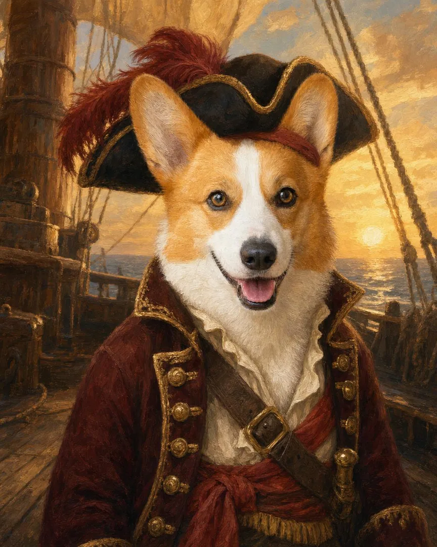 Custom pirate dog portrait of a dog as a ship captain in a tricorn hat on a deck at sea