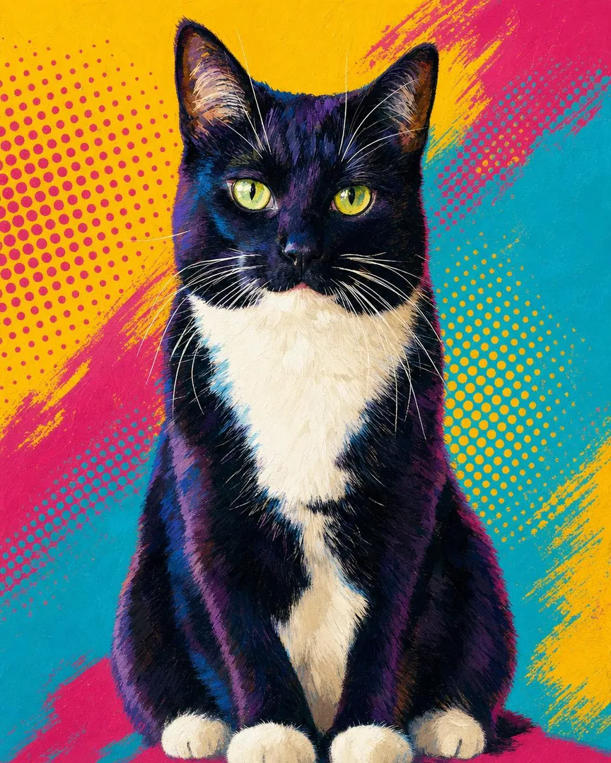 Custom pop art pet portrait of a pet in bold flat colors and high-contrast graphic shapes