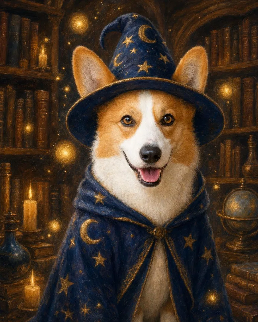Custom wizard pet portrait of a pet in a starry robe and pointed hat holding a glowing wand