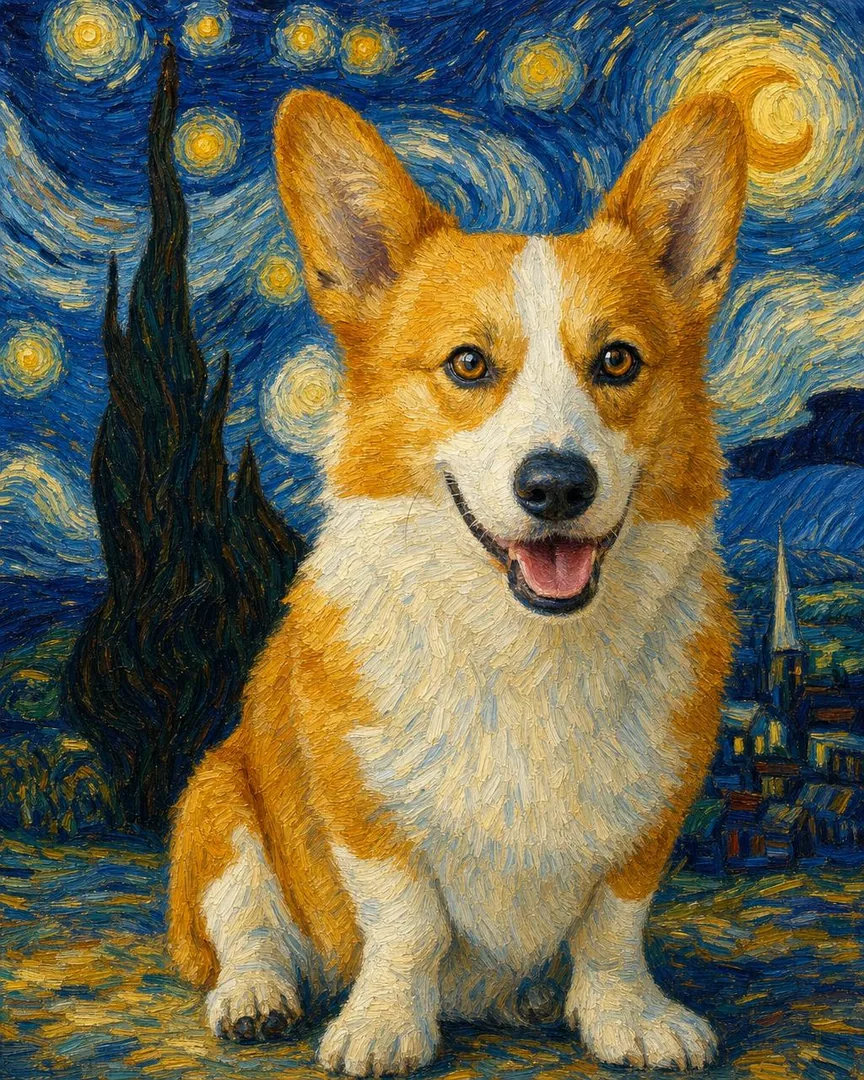 Custom pet portrait of a pet painted in swirling post-impressionist oil under a starry sky