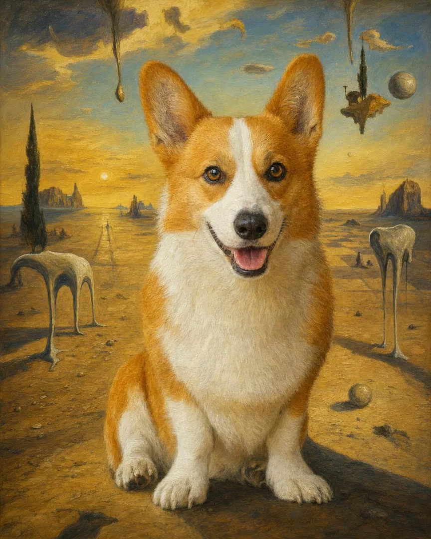 Custom surreal pet portrait of a pet in a dreamlike landscape of melting forms and an endless horizon