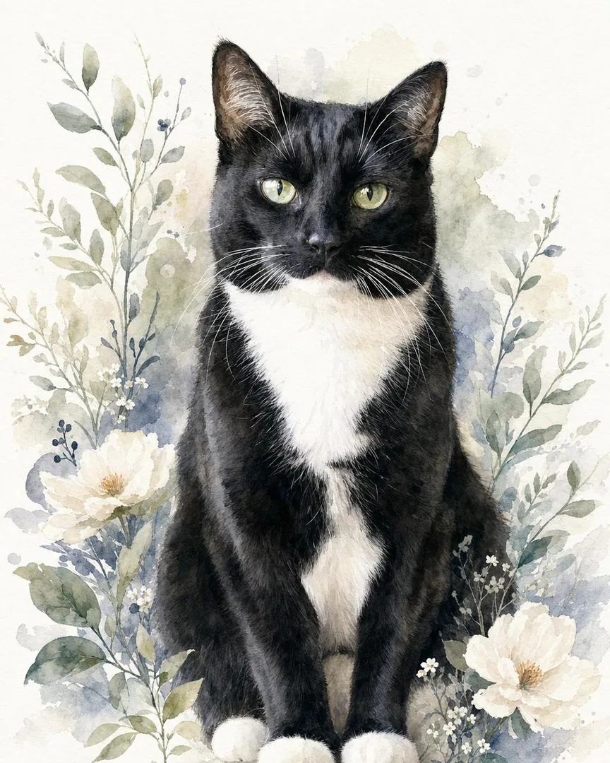 Custom watercolor pet portrait of a pet in soft washes surrounded by delicate florals