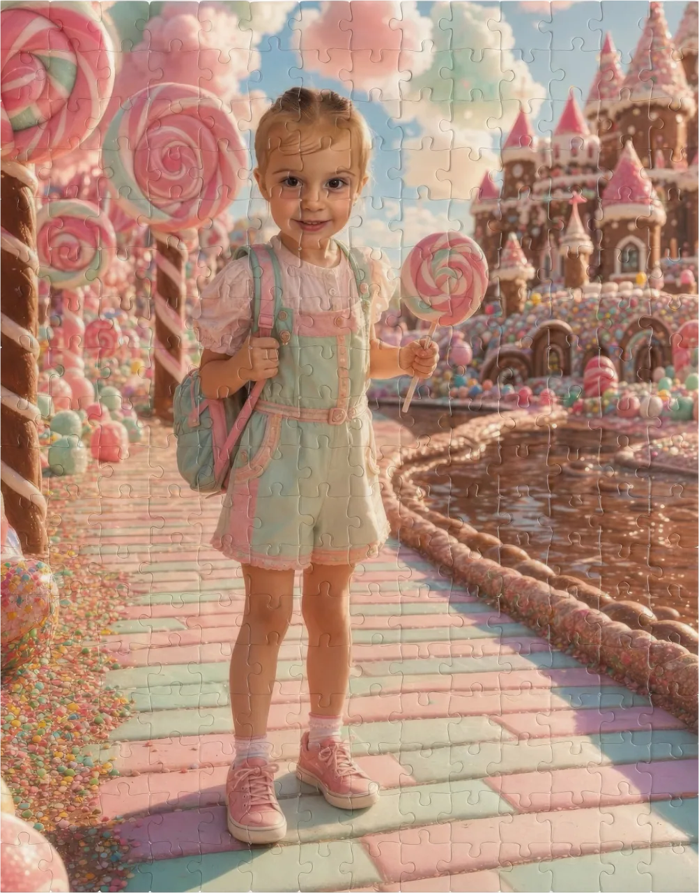A child reimagined in a candy kingdom, shown as a finished 252-piece Candy Kingdom jigsaw puzzle