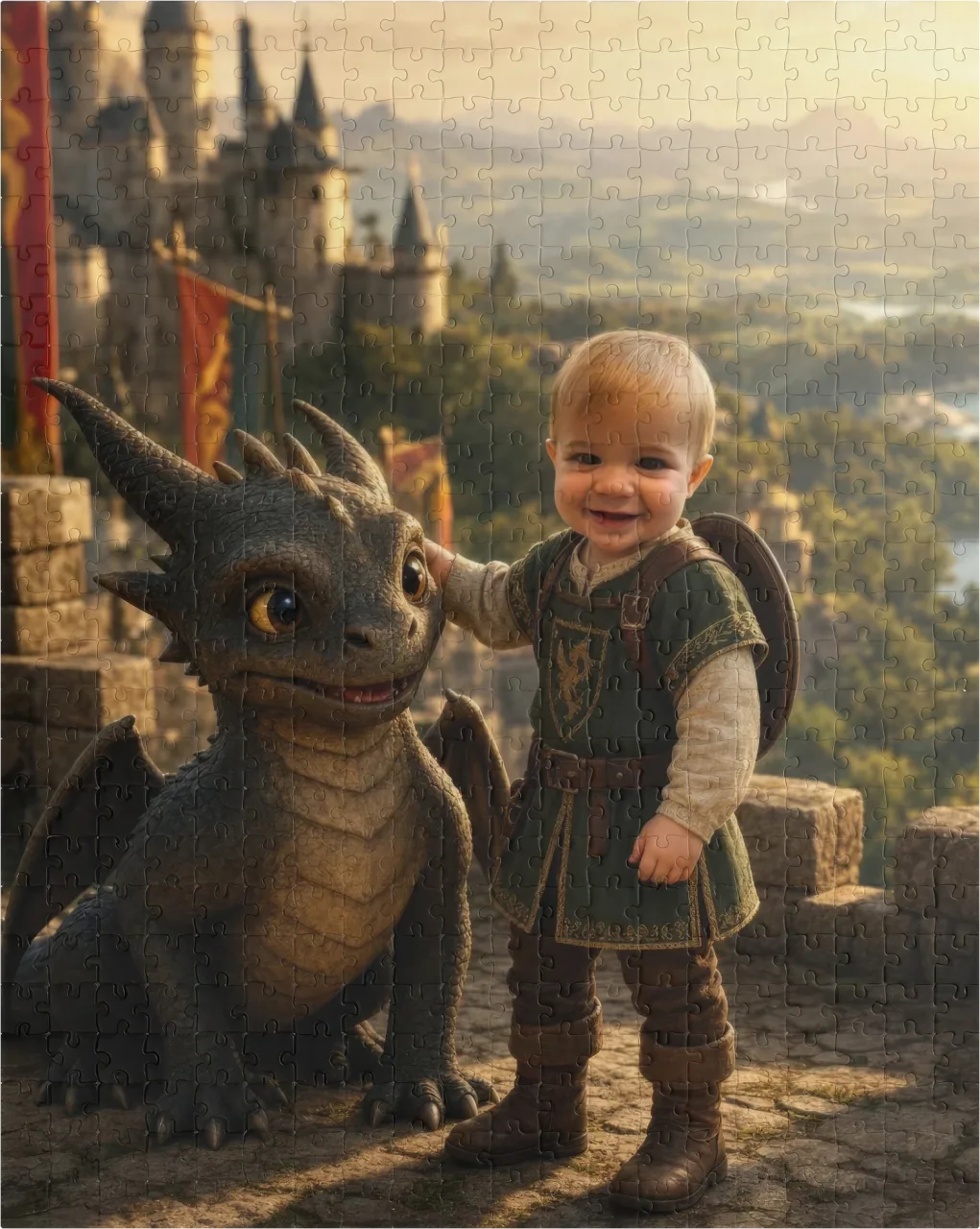 A child reimagined as a dragon rider, shown as a finished 500-piece Dragon Kingdom jigsaw puzzle