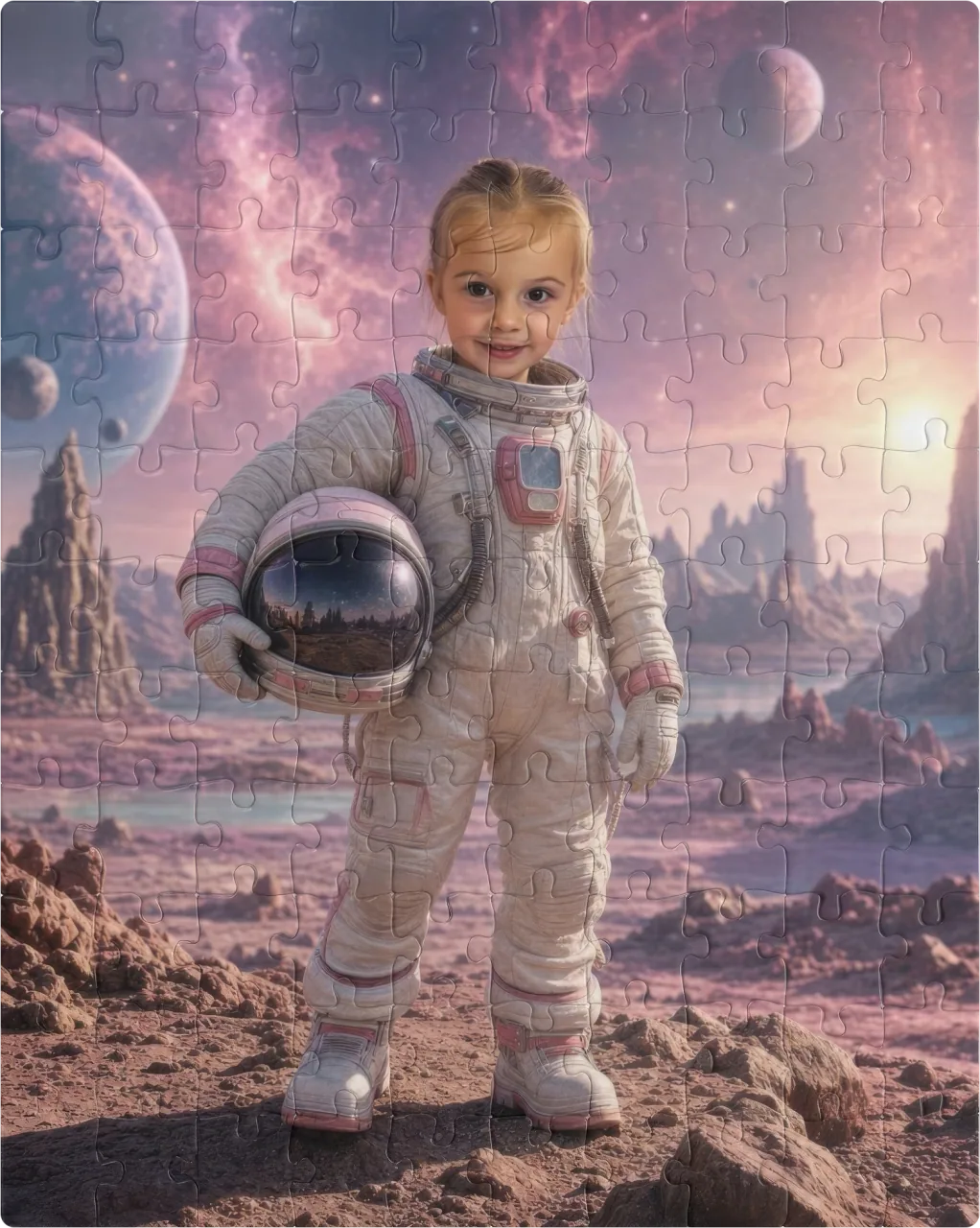 A child reimagined as an astronaut on an alien world, shown as a finished 110-piece Space Explorer kids jigsaw puzzle