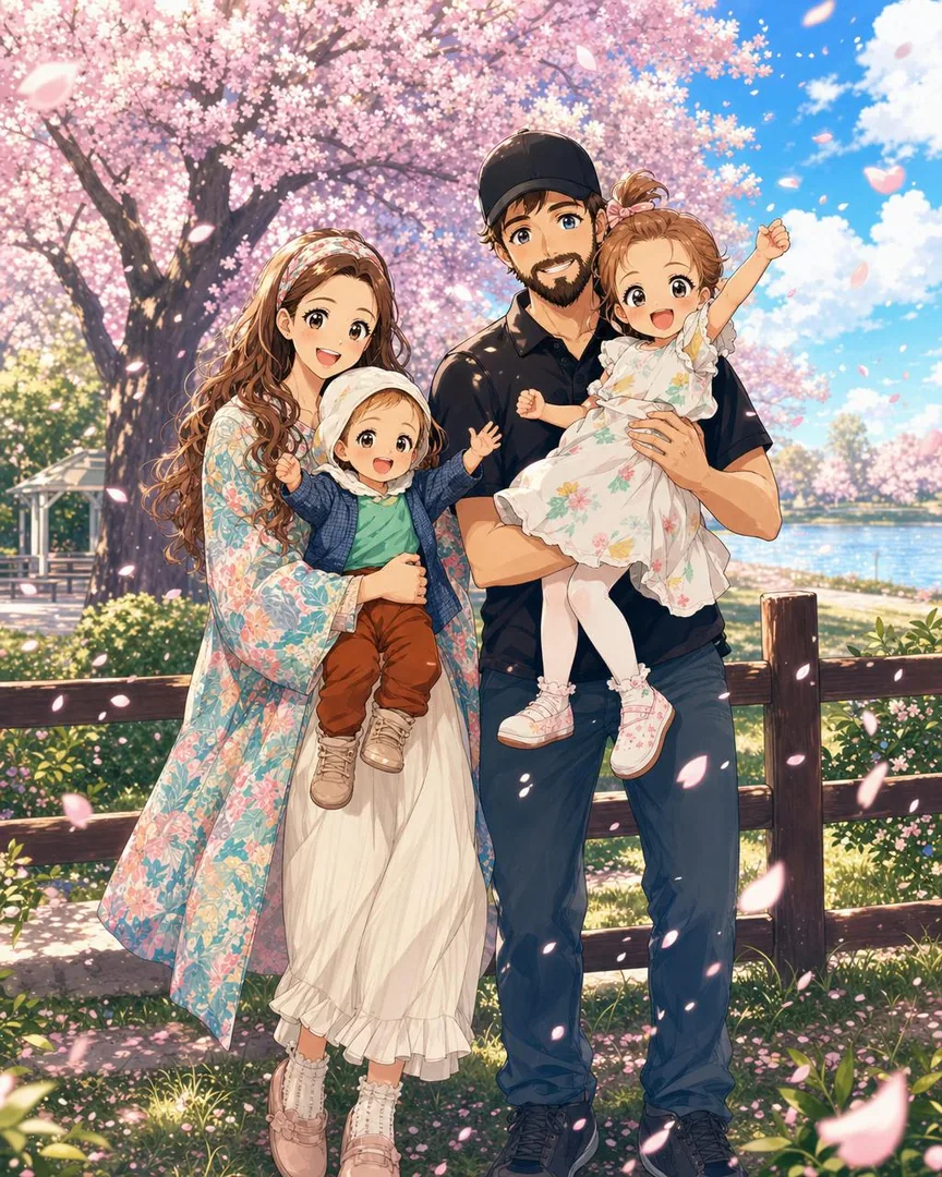 A family portrait in the Anime style: bright cel-shaded anime