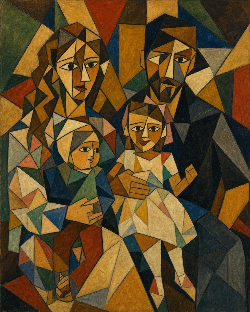 A family portrait in the Cubist Portrait style: bold geometric cubism