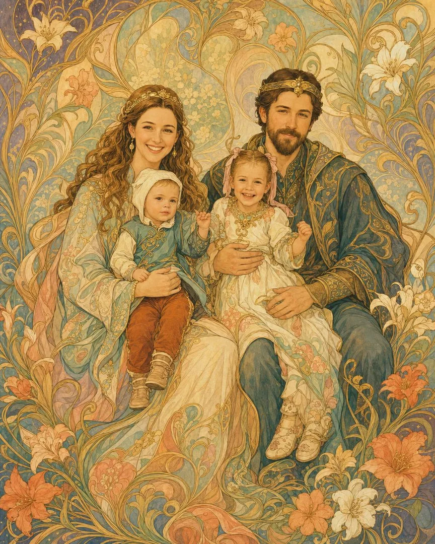 A family portrait in the Family in the Enchanted Court style: art nouveau decorative panel