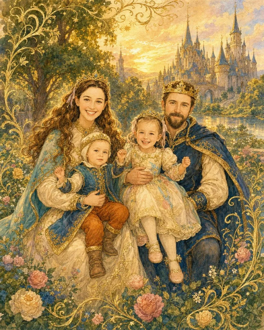 The same family painted as a golden-age storybook legend, the Legend of the Family portrait style