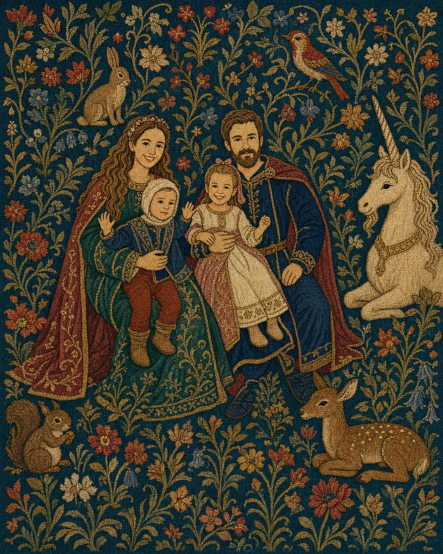 A family portrait in the Woven Family Saga style: medieval woven tapestry